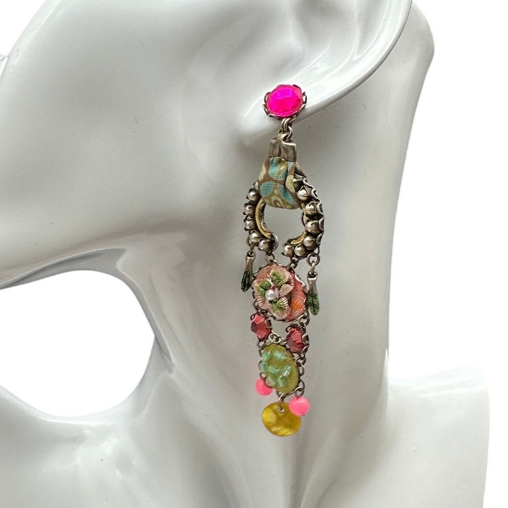 Ayala Bar Artisan Mixed Media Fabric Crystal Beaded Boho Drop Earrings